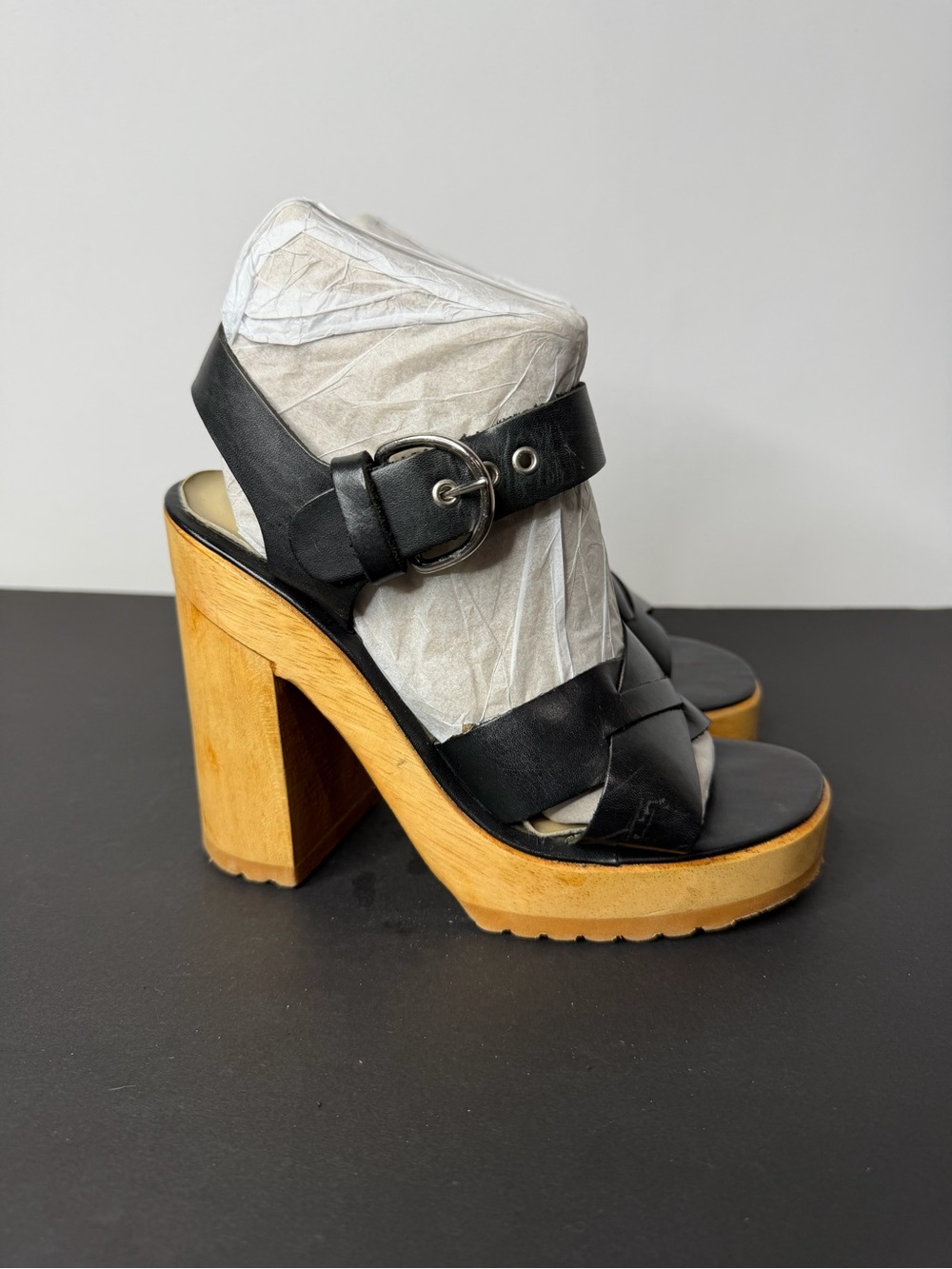 Black Leather Platform Sandals with Wooden Block Heel